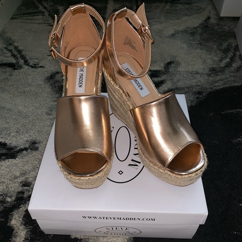 Rose gold espadrille wedge sandal